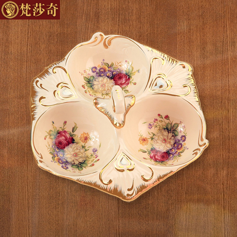 梵莎奇陶瓷糖果盘干果盘 欧式田园创意时尚分格零食盘 瓜子盘摆件