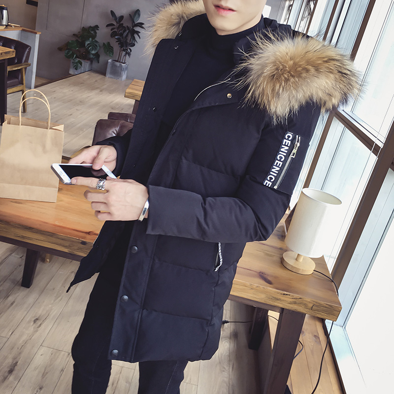 2016冬季新款韩版男士中长款加厚棉衣时尚青年学生黑色毛领外套潮