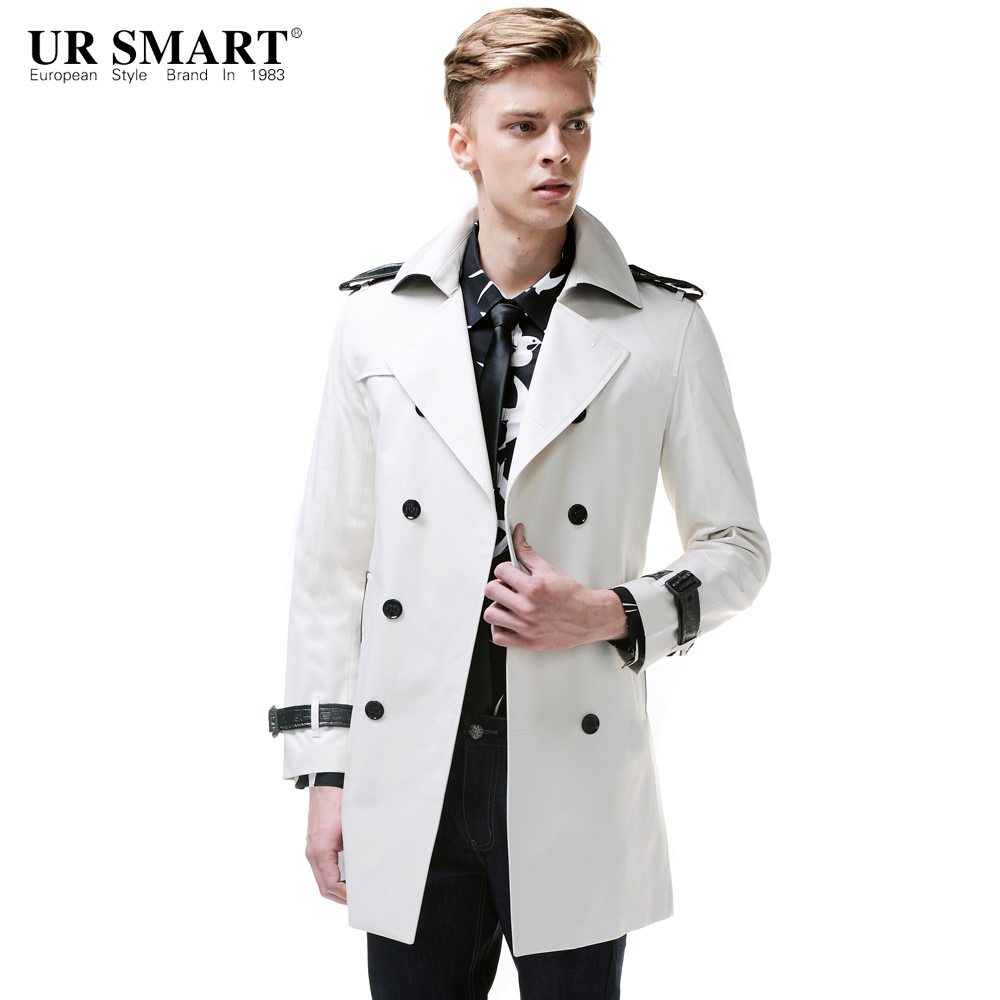 Ursmart/优杰仕新品上市双排扣男士风衣中长款棉质米白色男风衣