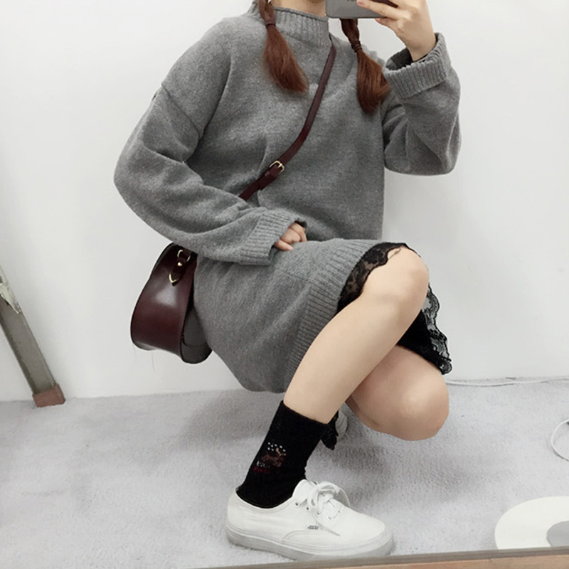 2016韩国新款糖果色纯色减龄可爱半高领简约中长毛衣裙