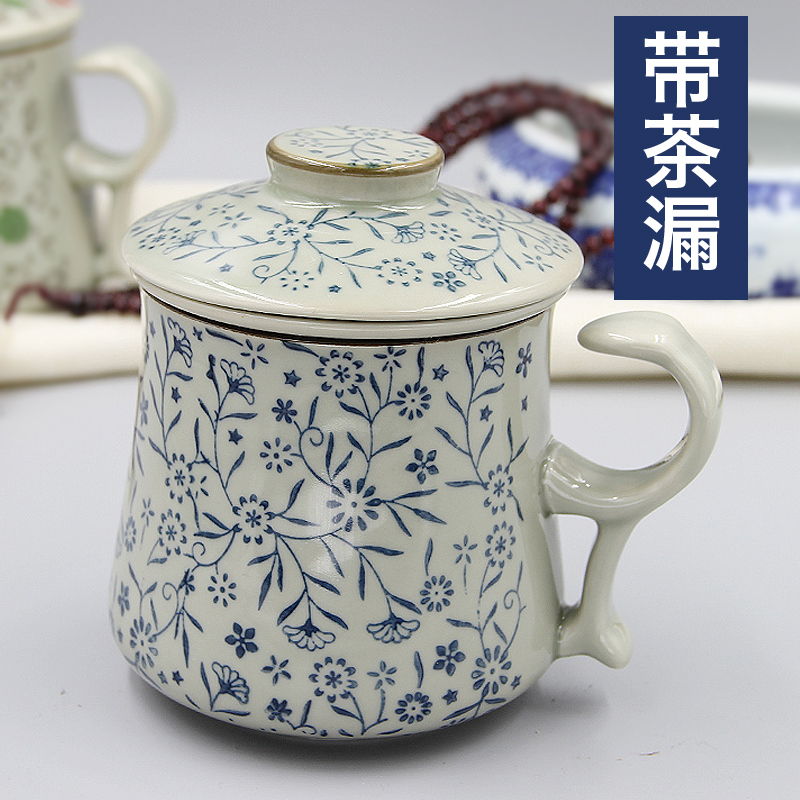 复古创意釉下彩陶瓷杯带盖带过滤茶漏泡茶水杯办公室茶杯子马克杯