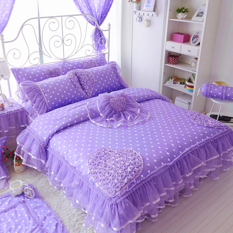 韩版全棉心恋公主蕾丝花边床裙款四件套紫色梦幻心形波点床上用品