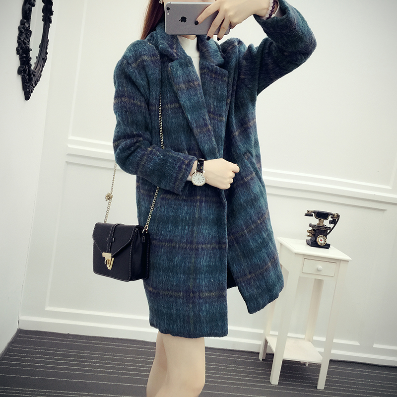 2015秋冬新款秋季韩版女装时尚大码显瘦格子宽松毛呢大衣外套女