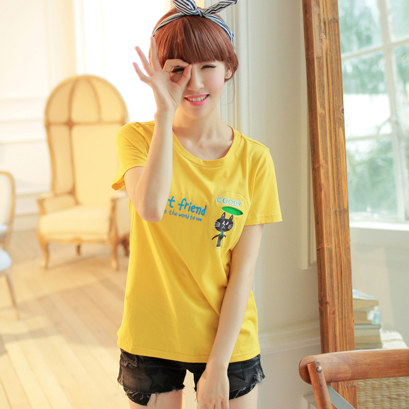 夏季韩版学院风可爱字母卡通印花学生上衣宽松龙猫条纹短袖女T恤