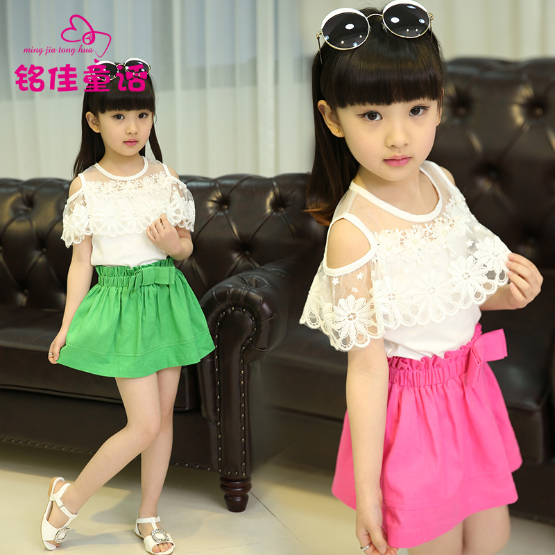 小女孩夏季新款公主韩版套装 儿童2015夏装蕾丝短袖上衣短裙2件套