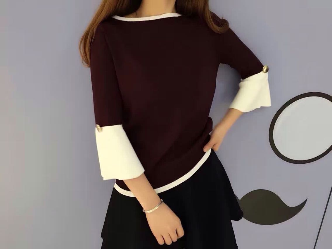 韩国站秋季新款2016韩版七分袖拼接打底衫女针织宽松百搭套头上衣