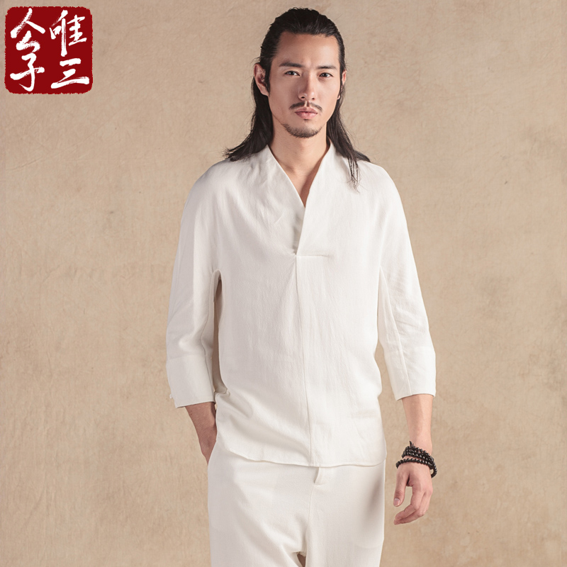 唯三中国汉之信民族服装中式衬衣亚麻套头衬衫春秋七分袖男士衬衫