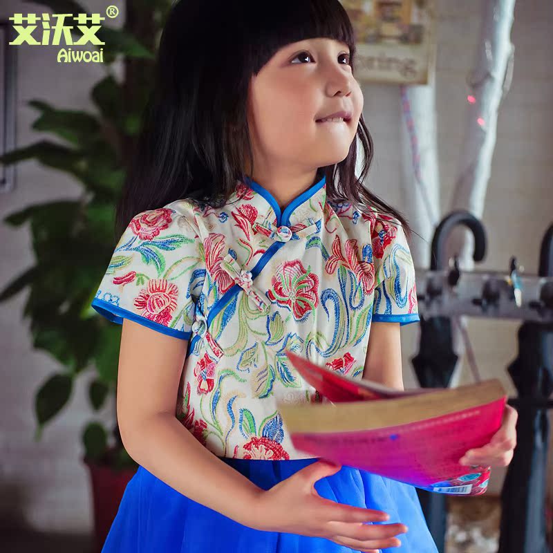 艾沃艾2015新款夏装女童旗袍连衣裙蓝色儿童绣花短袖演出服