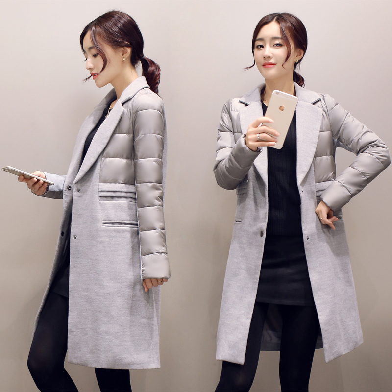 【天天特价】新款韩版修身显瘦羽绒拼接呢子大衣毛呢外套女中长款
