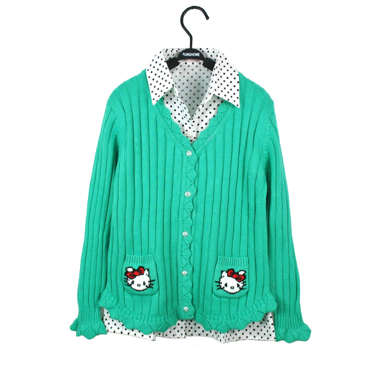 2015新款韩版女童线衫全棉中童衬衣毛衣开衫两件套儿童针织衫套装