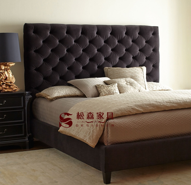 新款法式乡村高背布艺软床 简约欧式软包1.5/1.8米方床样板房家具
