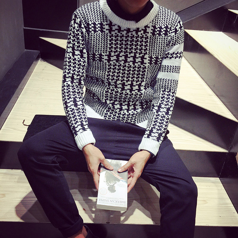 2015秋冬装新款韩版男士千鸟格撞色袖套头圆领毛衣外套打底针织衫