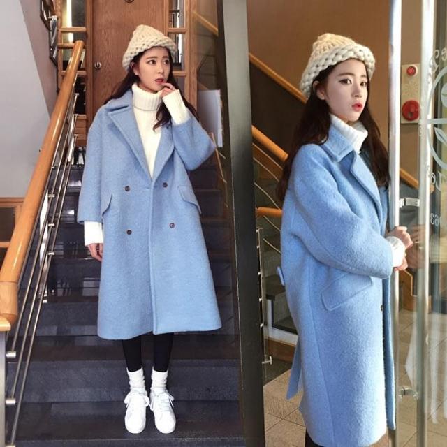 韩国代购2015秋冬新款韩版羊绒毛呢茧型宽松大衣羊毛外套大衣潮女