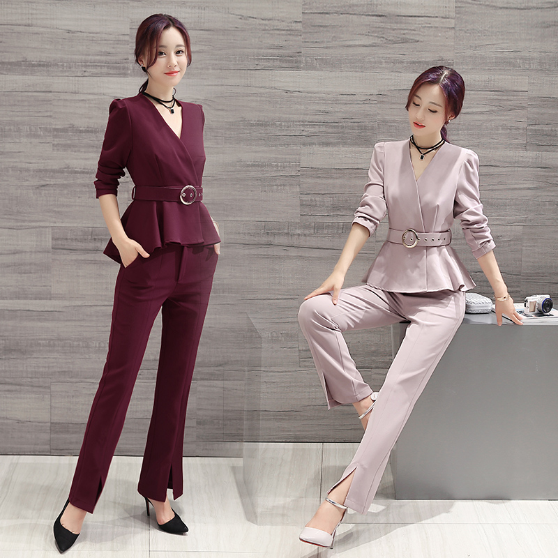 秋装新款韩版修身长袖荷叶边裙摆上衣开叉长裤两件套时尚套装女