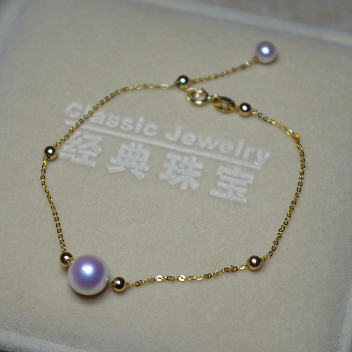 顶级天然akoya日本海水珍珠穿心珠手链18k金调长短正圆无暇极强光
