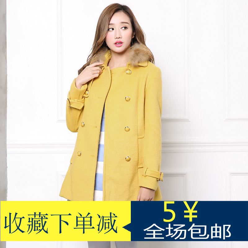 2015秋冬款韩版通勤女装羊毛呢拼接外套修身双排扣呢子大衣中长款