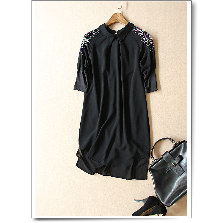 2015夏季新款小翻领肩部镶水钻 中长款短袖黑色雪纺连衣裙8031