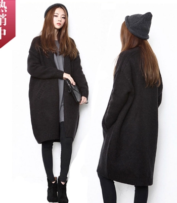 2015新款秋装女毛衣外套韩版中长款茧型宽松显瘦口袋针织衫开衫女