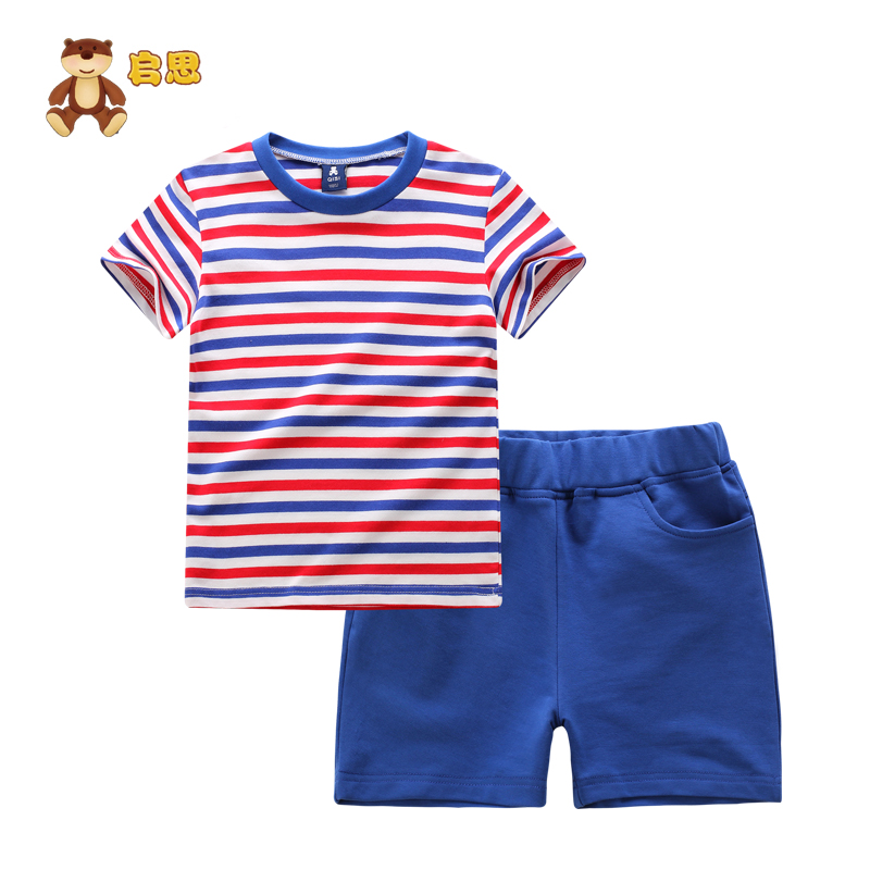 2016夏季新款男童3-8岁儿童纯棉T恤两件套三小孩短袖休闲条纹套装