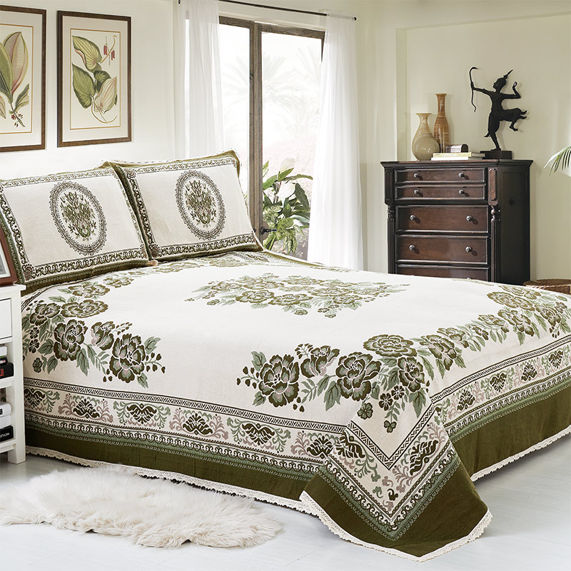 绿幽谷棉麻花团床单老粗布床单四季床单三件套双人折叠高档亚麻席