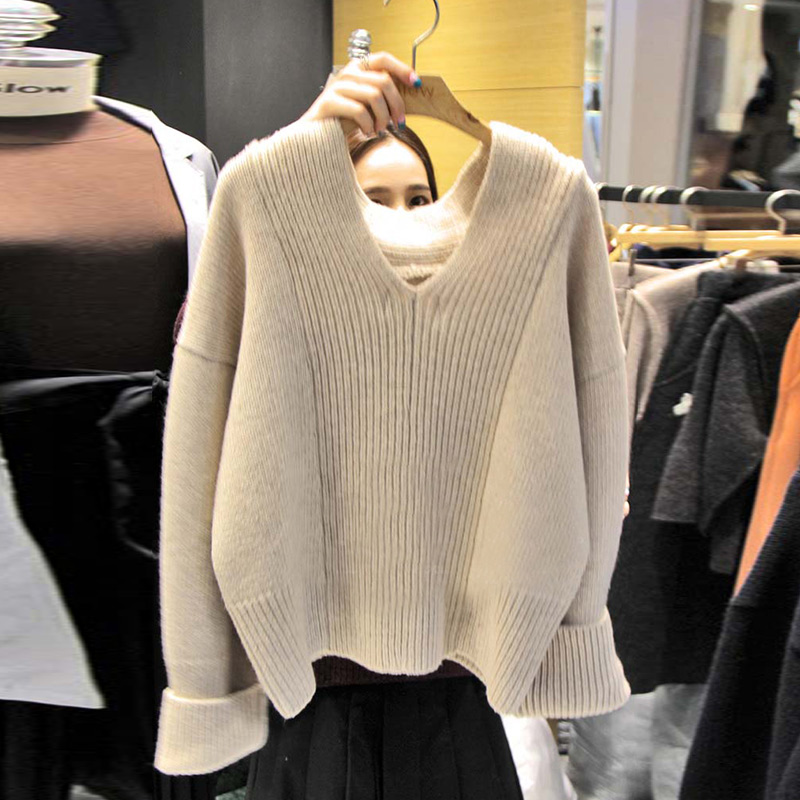 2015秋冬新品女装 韩版加厚宽松v领套头长袖两穿针织衫毛衣潮
