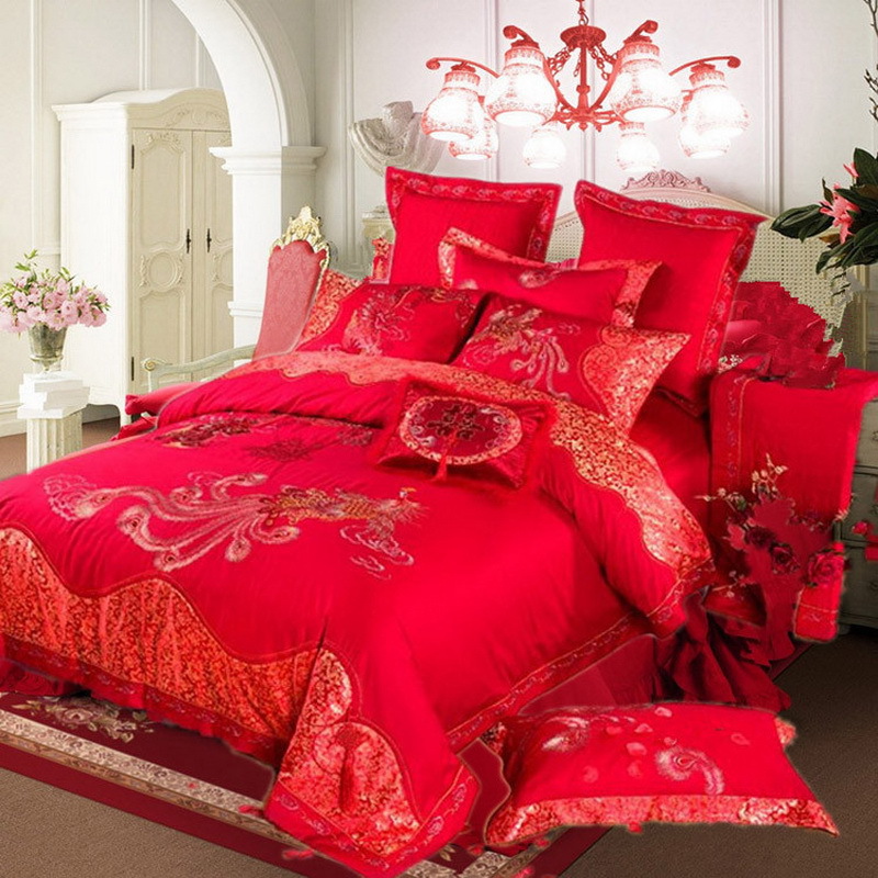 全棉床上婚庆四件套大红纯棉龙凤床单被套贡缎刺绣1.8m结婚十件套