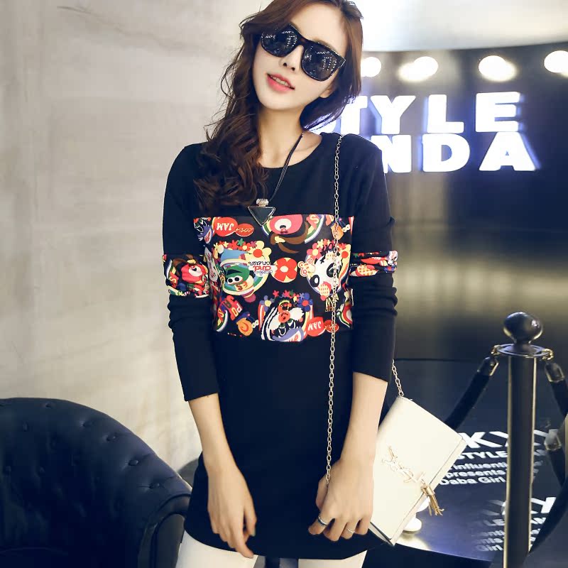 加厚加绒打底衫女长袖中长款2015韩版冬装新款修身迷彩卫衣t恤潮