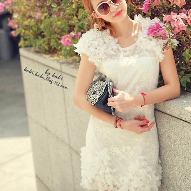 韩版新款甜美修身显瘦立体花朵连衣裙森女时尚短款裙子夏季蕾丝裙