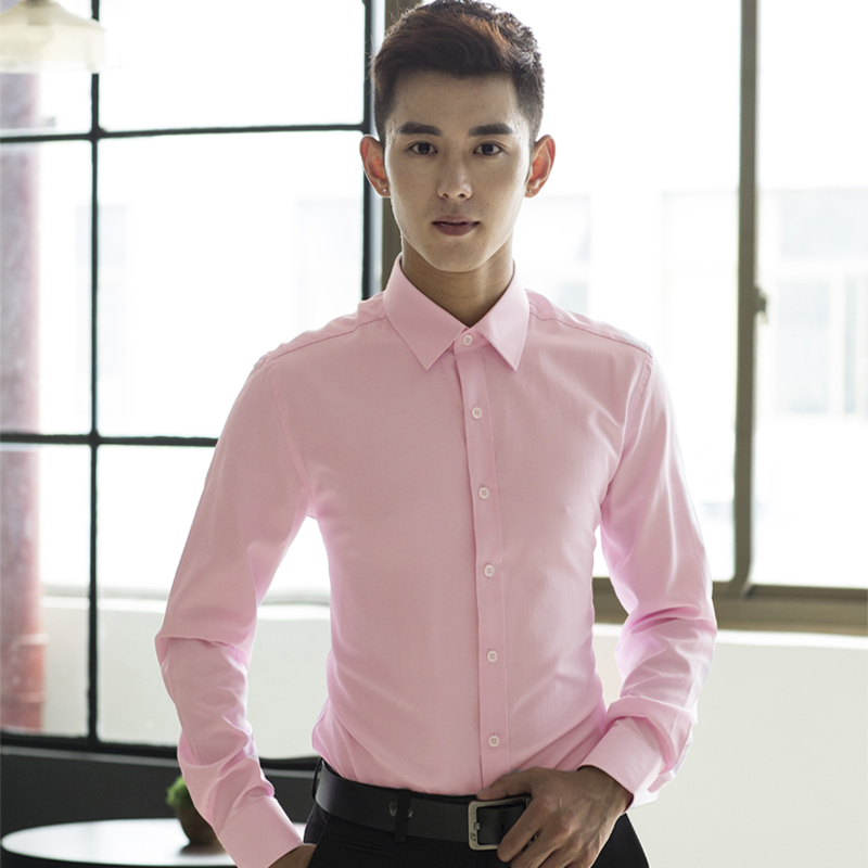 秋季品牌型男潮流衬衫纯棉韩版修身粉色长袖衬衣休闲英伦青年男装