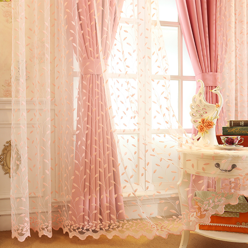 韩式田园公主粉色女孩卧室小清新绣花窗帘蕾丝窗纱成品定制全遮光