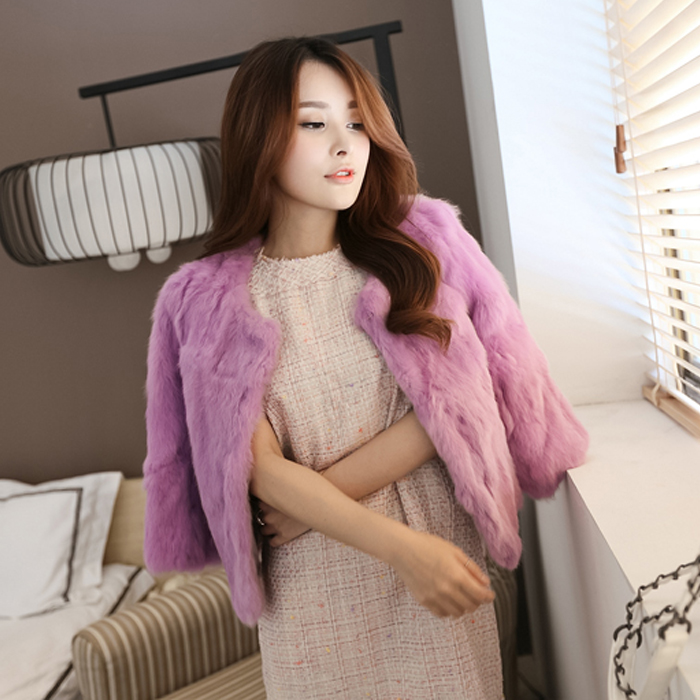 2016冬装新款韩版女装女士七分袖短款兔毛皮草外套 毛毛外套