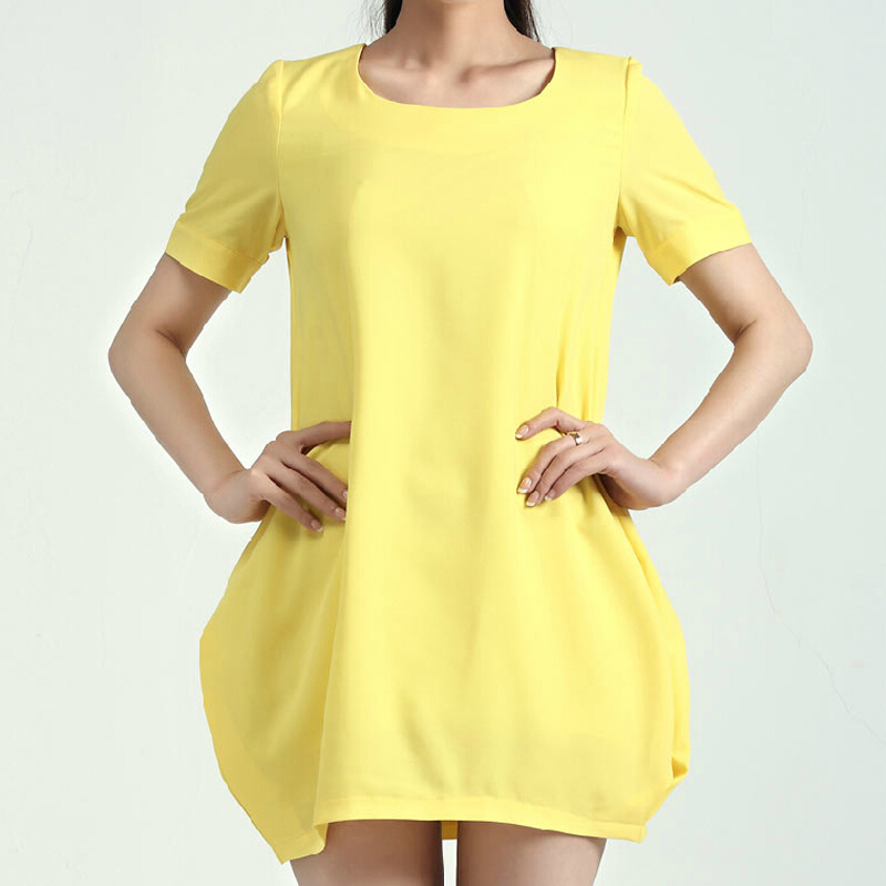 2015夏季新款韩版大码女装 时尚宽松胖mm显瘦雪纺短袖灯笼连衣裙