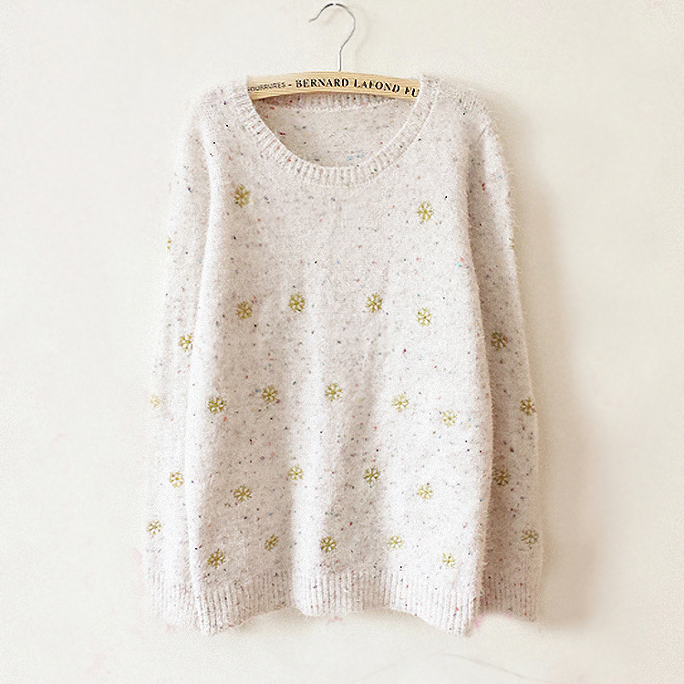 2014秋季新款韩版甜美小清新雪花彩点马海毛毛衣套头刺绣针织衫