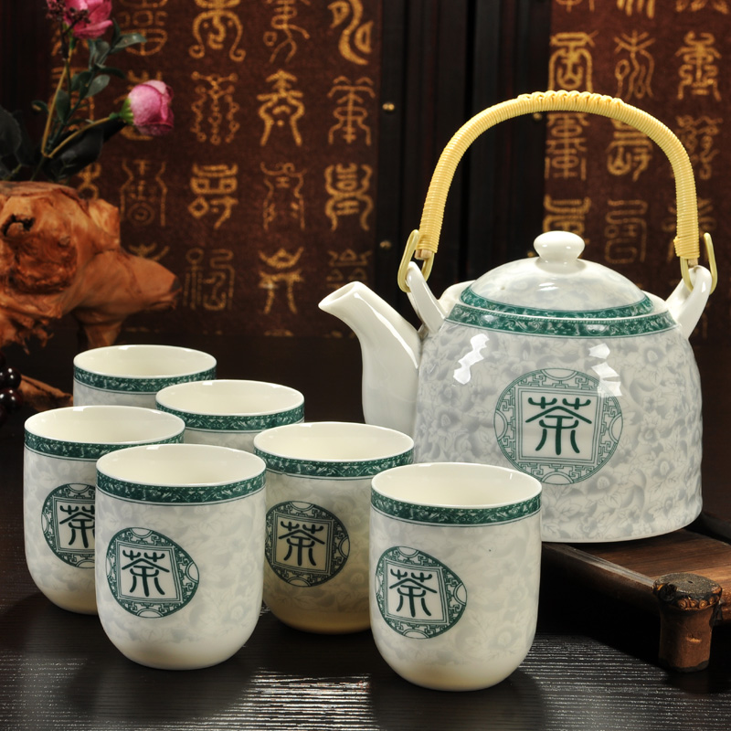 问瓷斋大容量景德镇陶瓷茶具套装青花提梁茶壶茶杯耐热凉水壶特价