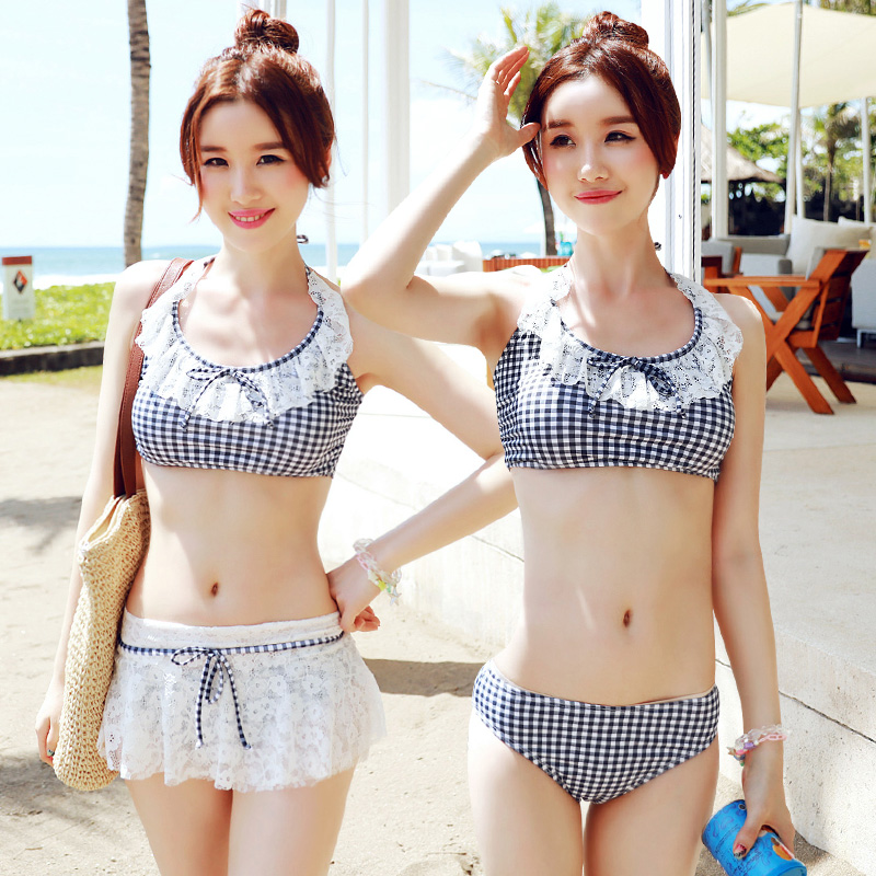 韩版可爱少女甜美女生时尚千鸟格可爱比基尼三件套泳衣女