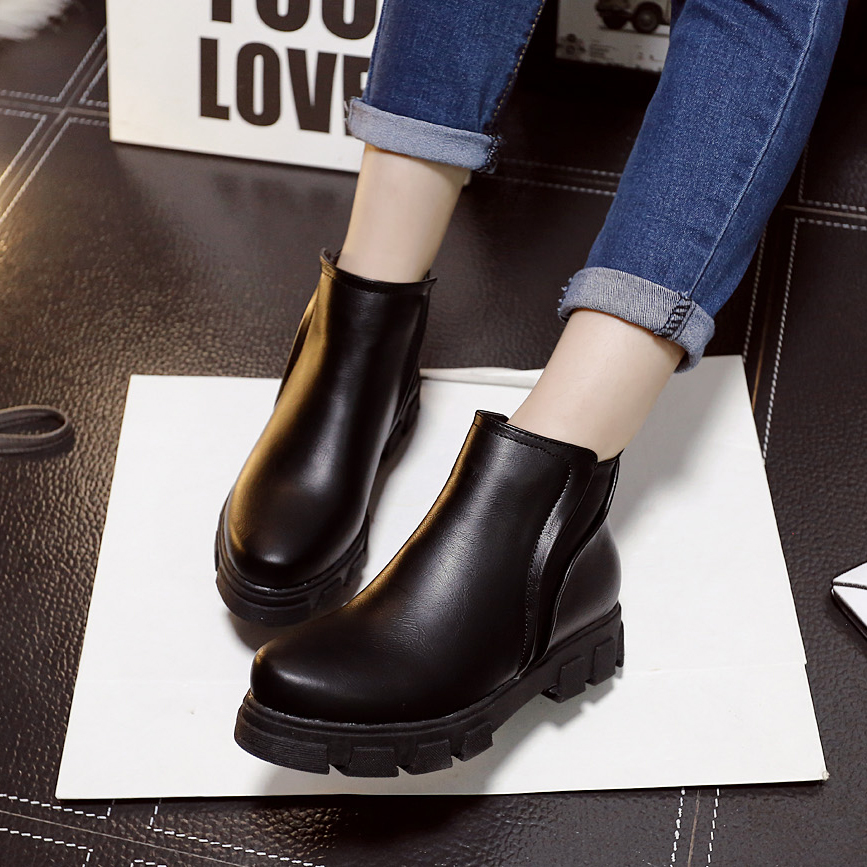 2015冬季新款韩版素面简约黑色显瘦厚底后拉链短靴圆头马丁靴