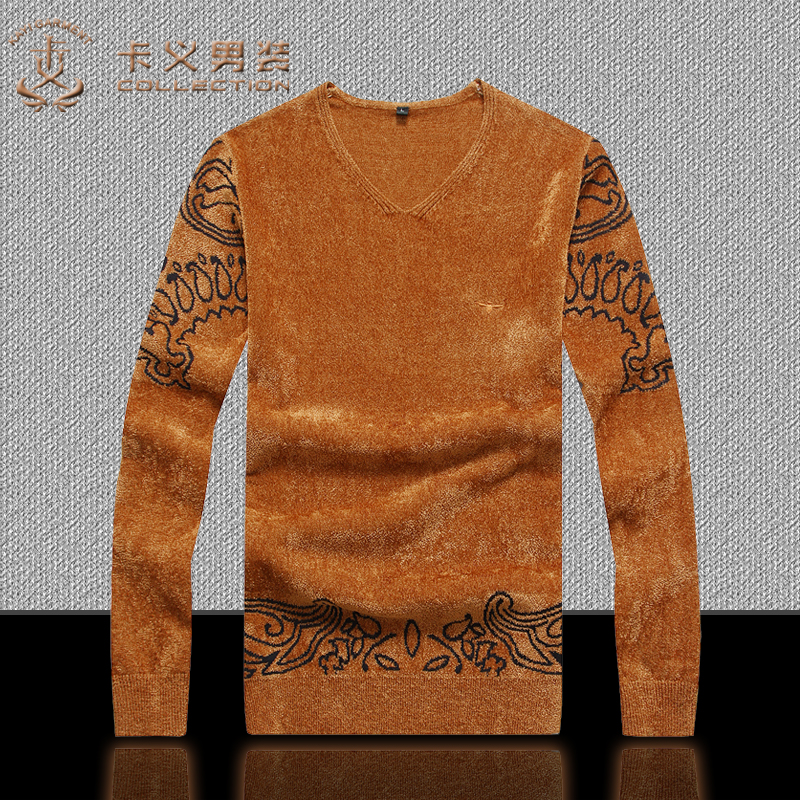 15款秋冬季青年V领长袖针织衫男休闲中国风套头衫修身潮流T恤外套