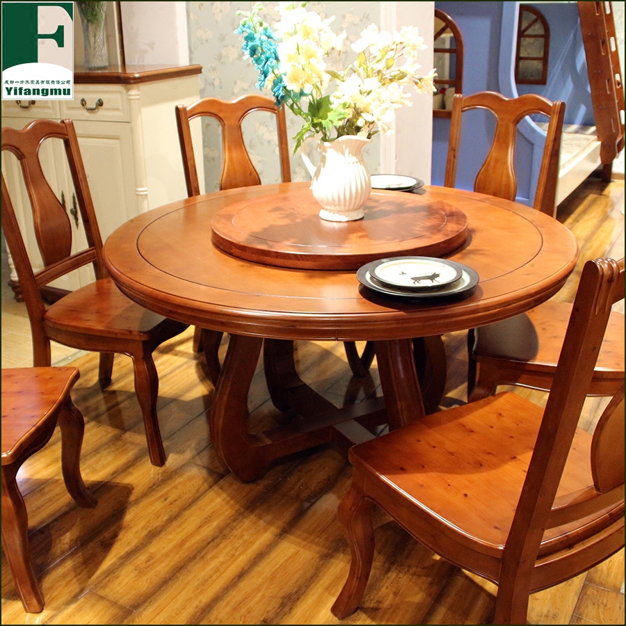 香柏木圆餐桌 一方木实木家具 1.3米带转盘餐桌 美式地中海家具