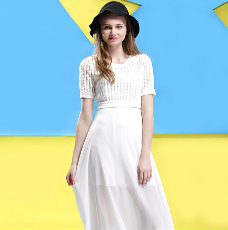 2015夏季新款时尚休闲中长款修身显瘦白色假两件蕾丝镂空连衣裙