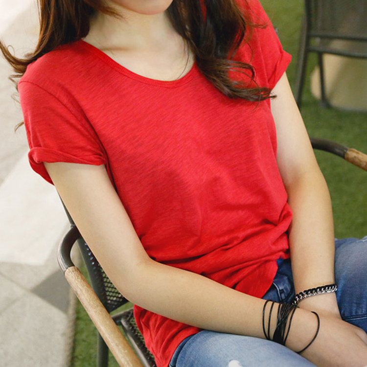 夏季女装 韩版红色宽松竹节棉V领短袖t恤 基础款休闲纯色体恤上衣