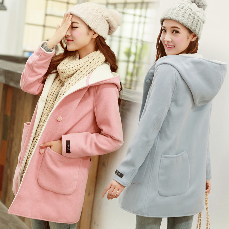 2015秋冬韩版学生羊毛呢 款呢子大衣女子甜美连帽 中长修身加厚外