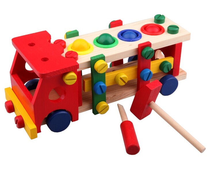 包邮木质螺丝螺母组合儿童积木拆装车敲球车木制宝宝早教益智玩具