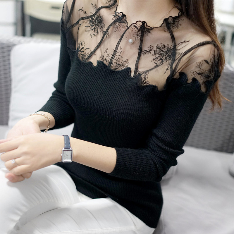 2015秋装新款韩版性感蕾丝拼接修身长袖针织打底衫女套头毛衣