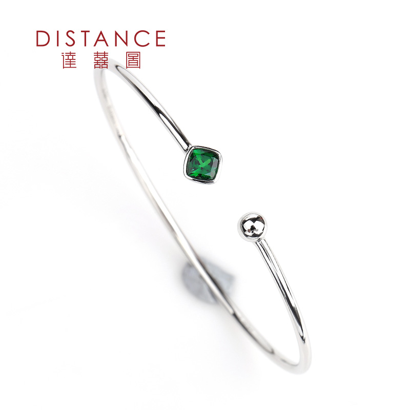 达喜图珠宝 18K白金天然翠绿色沙弗莱手镯女简洁时尚活口手环饰品