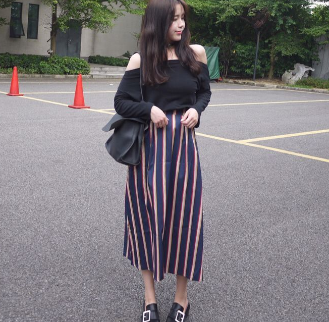 2016秋季韩版新款随性风西装料条纹松紧腰中长半身裙 女