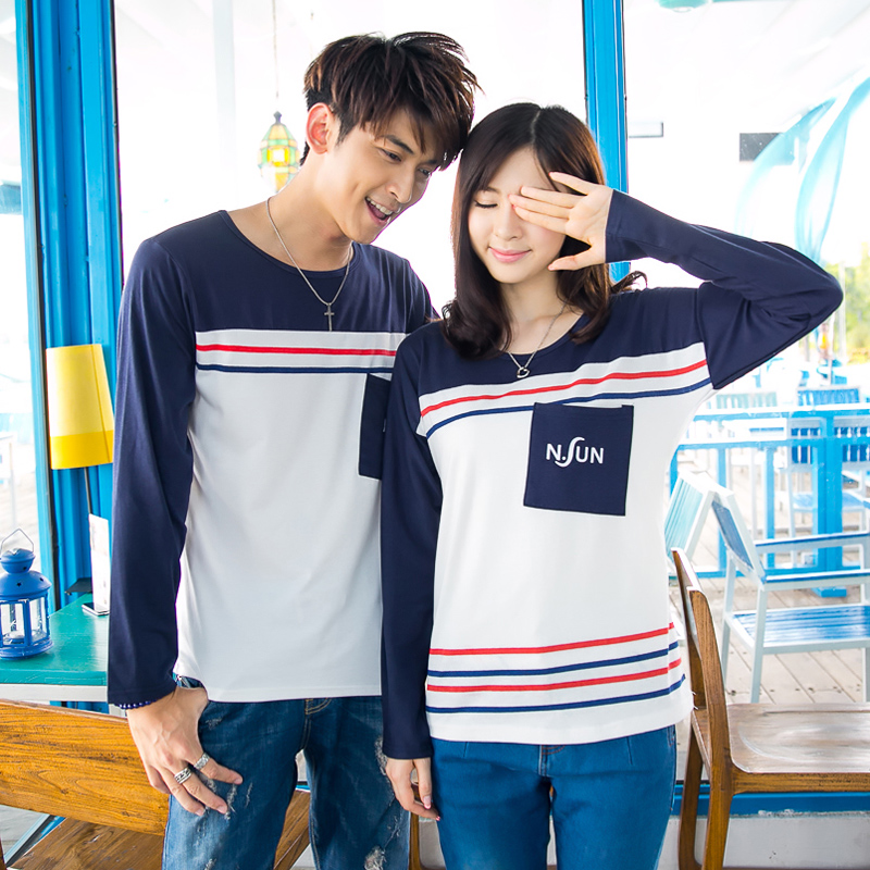 2015夏季新款情侣装 韩版彩色条纹个性贴袋圆领长袖打底衫情侣T恤