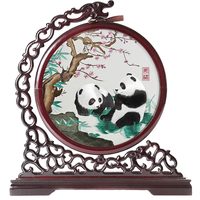 蜀绣双面刺绣实木屏风摆件中国风特色熊猫工艺品送老外出国礼物