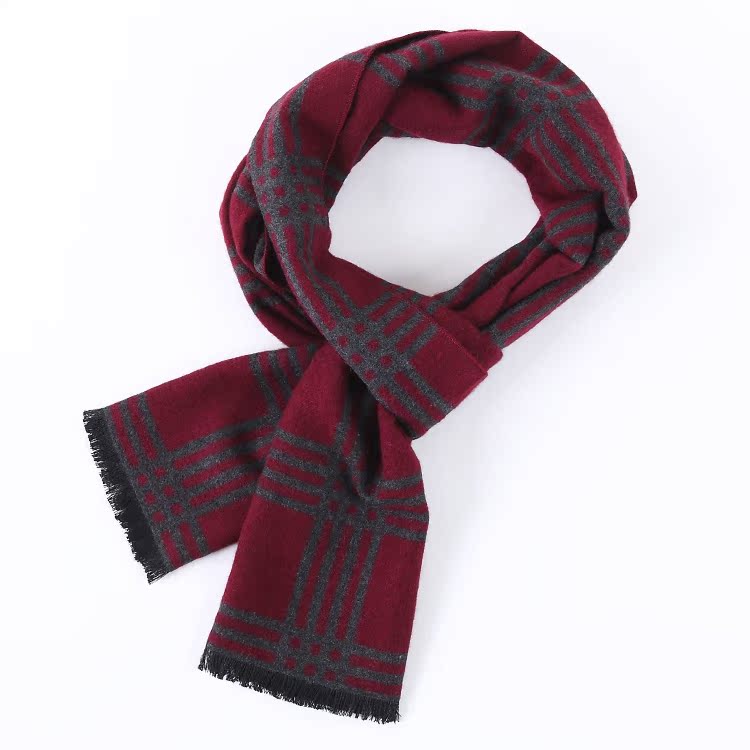 GK新款秋冬红色韩版男士羊绒围巾男式格纹羊毛羊绒保暖围巾