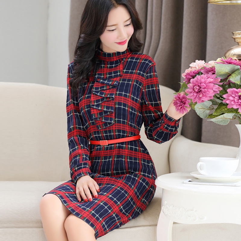 韩版长袖衬衫裙2016春装新款气质修身系带高腰格子雪纺连衣裙显瘦
