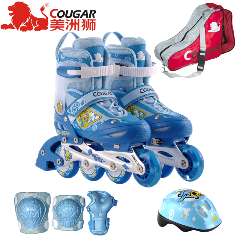 美洲狮MZS828儿童溜冰鞋套装可调直排轮滑鞋男女滑冰鞋轮滑鞋包邮
